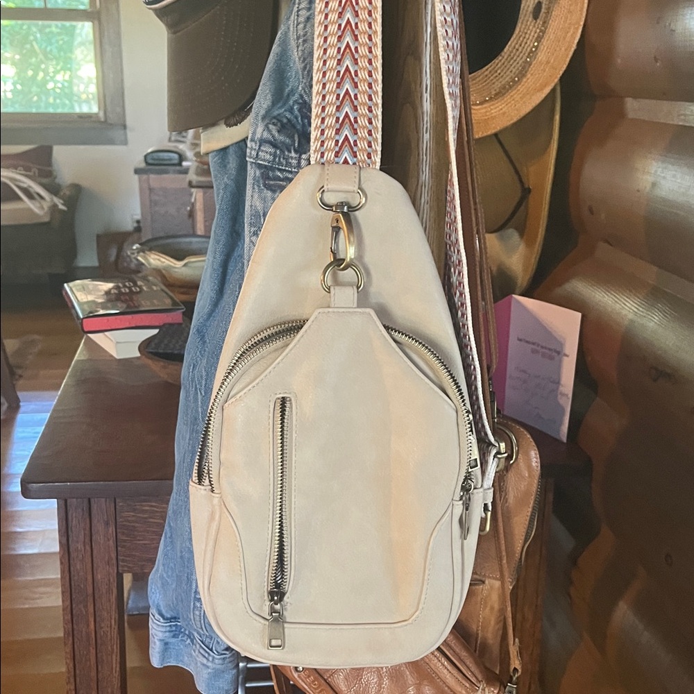 Bed Stu Cream Sling Bag with Patterned Strap